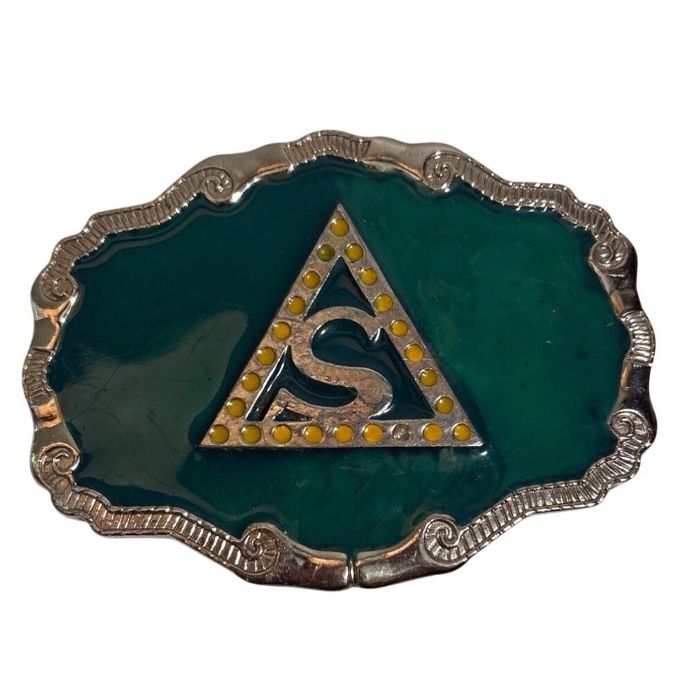 Belt Buckle Green Enamel & Yellow Accents Triangle with "S" Vintage Silver Toned
